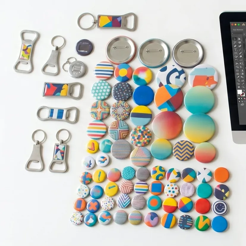 Custom pinback buttons, keychains, and bottle openers being designed and made at BigDogButtons in Los Angeles.